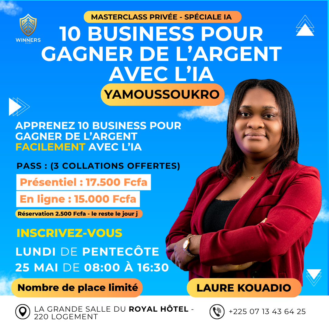 Affiche Masterclass 10 business pour gagner de l'argent avec l'IA à Yamoussoukro